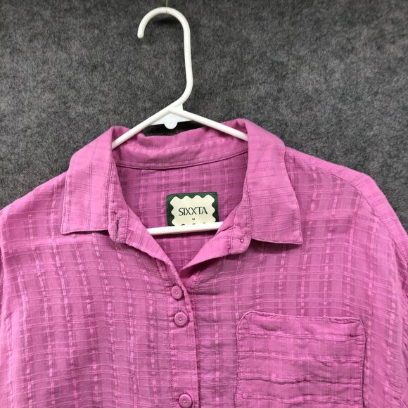 Sixxta Cropped Long Sleeve Shirt Womens M Pink Relaxed Lightweight Button Up - Picture 3 of 7